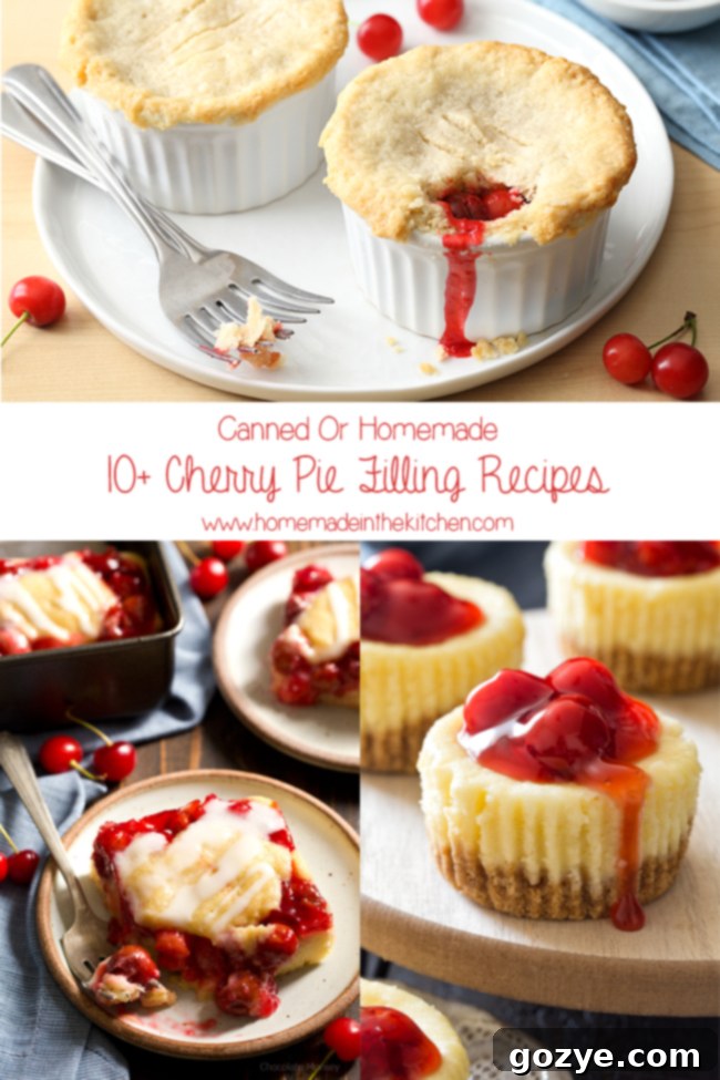 Collage of various cherry pie filling desserts including pies, tarts, and ice cream