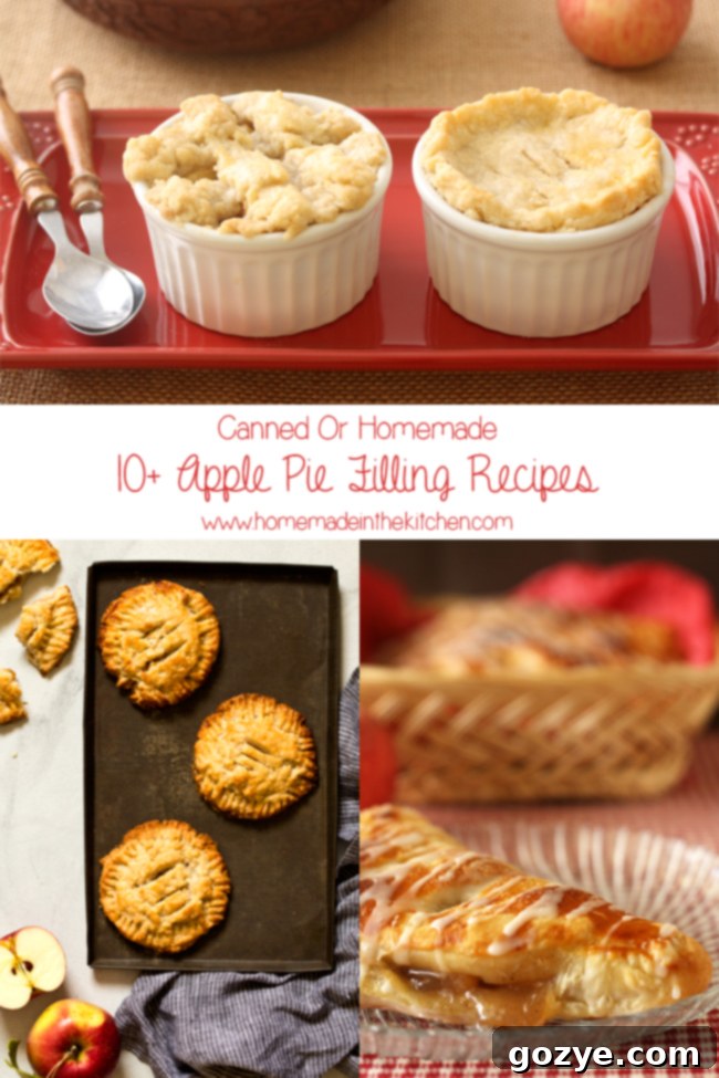 Collage of various apple pie filling recipes, including mini pies, turnovers, and crumb bars
