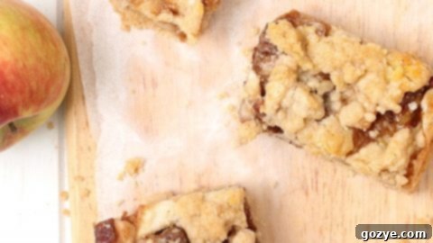 Close-up of golden Apple Pie Crumb Bars with a thick crumb topping