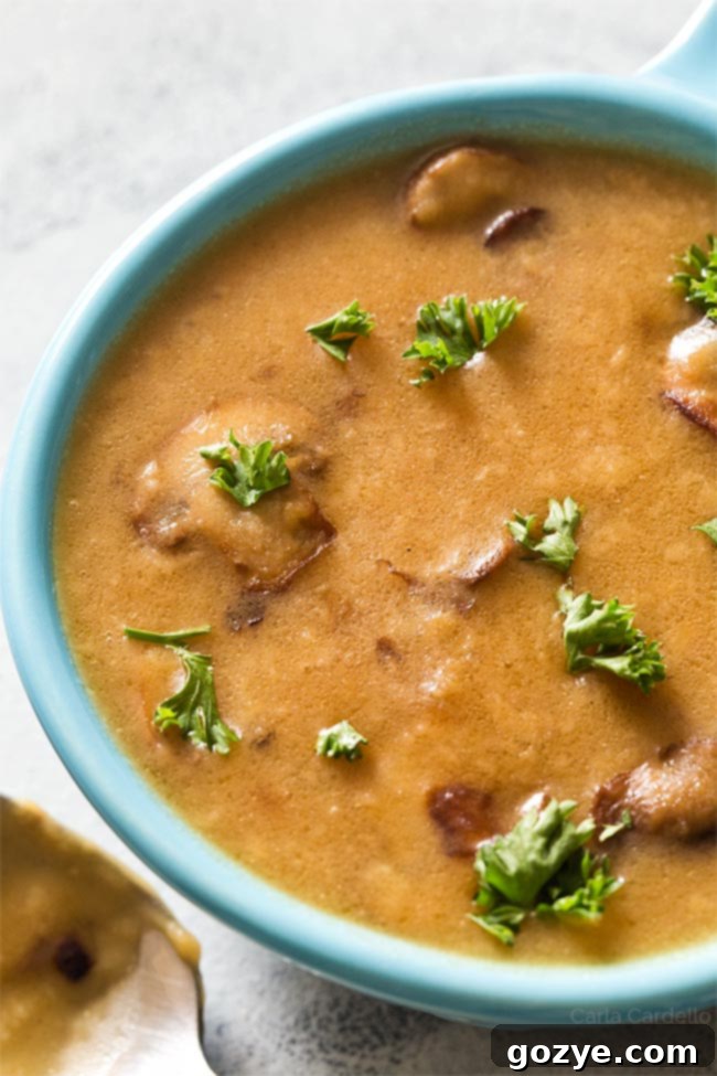 Close up of brown mushroom gravy in blue bowl, showcasing its rich, thick texture.