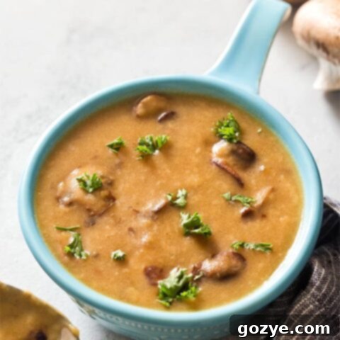 Blue bowl filled with rich brown mushroom gravy, beautifully garnished.