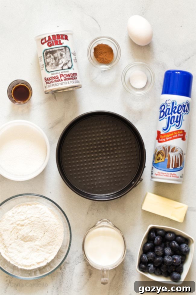 A 6-inch springform pan on a wooden surface with baking ingredients like flour, sugar, and blueberries laid out around it