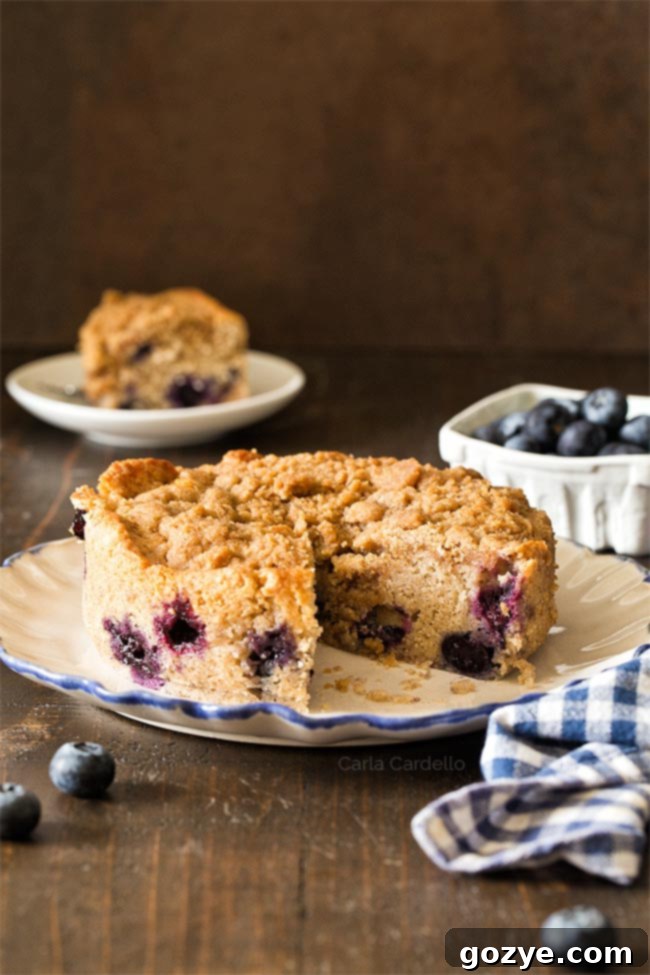 A delicious slice of small blueberry coffee cake on a white plate, showcasing its moist interior and streusel topping