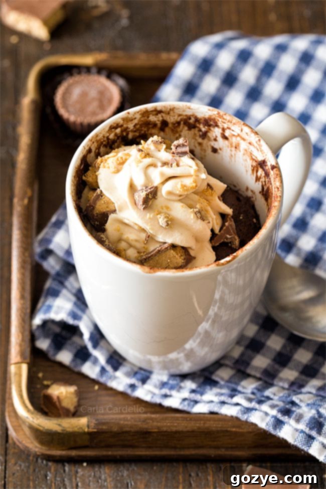 White ceramic mug featuring a delectable chocolate mug cake adorned with a dollop of whipped cream