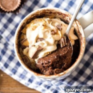 Delicious Chocolate Peanut Butter Mug Cake with a spoon ready to be served