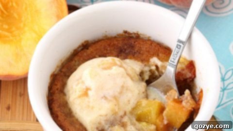 Warm and bubbly individual Peach Cobblers For Two, topped with tender dough and ice cream.