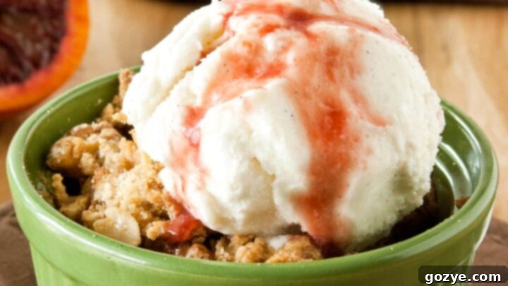 Pear Crisp For Two with vanilla ice cream and blood orange sauce.