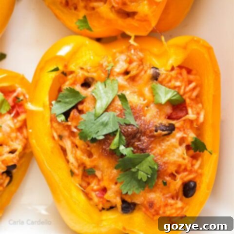 Close up of meatless stuffed peppers in casserole dish