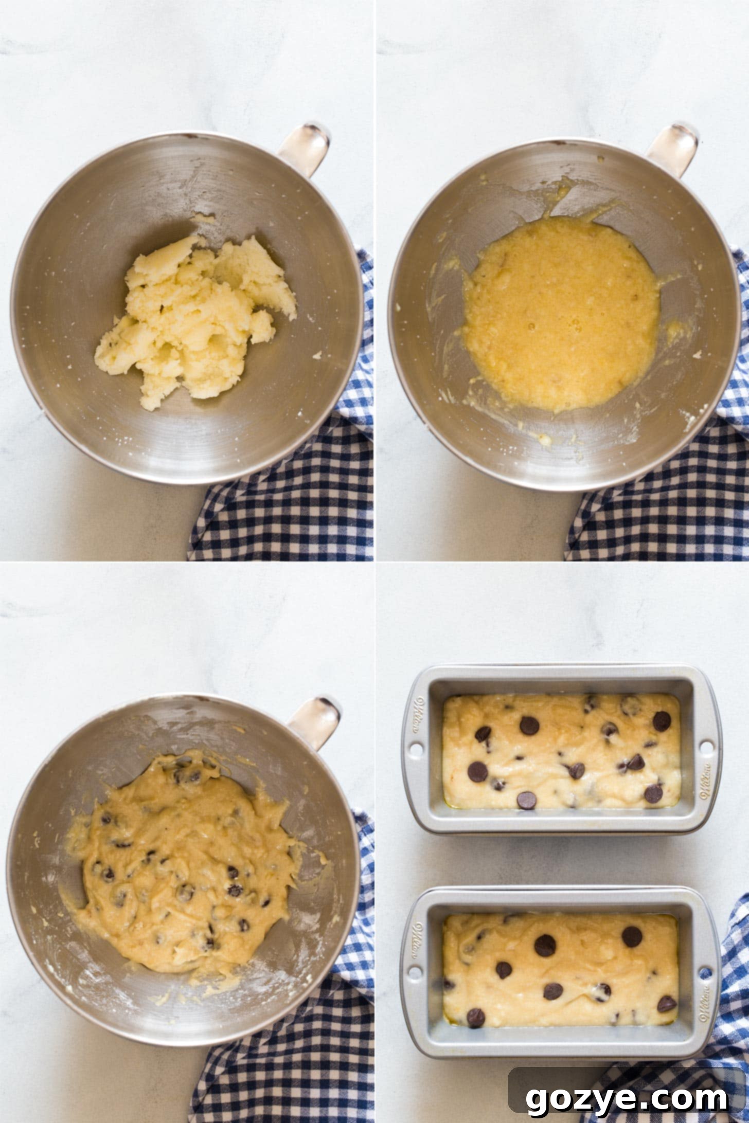 Petite Banana Bread Delights 6 Step-by-step photos illustrating how to make Mini Banana Bread, showing mixing ingredients and filling pans