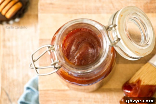 Overhead view of honey bbq sauce in a jar