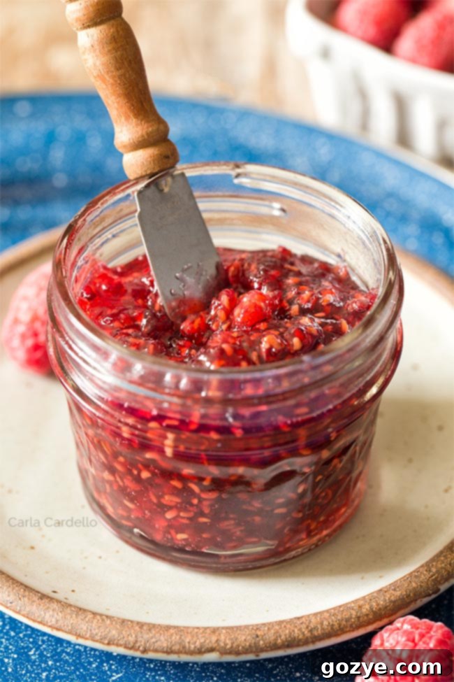 Raspberry Jam in mini jar with knife sticking out