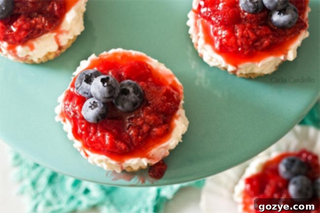 Quick No-Bake Cheesecake Bites 12 Overhead shot of two mini no-bake cheesecakes on a light surface, one with strawberry sauce and the other with blueberries
