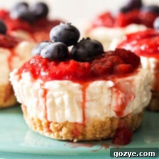 Quick No-Bake Cheesecake Bites 13 Close up of a no-bake mini cheesecake with berries and a golden crust
