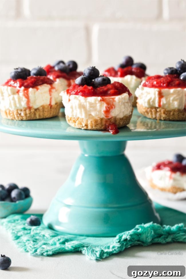 Quick No-Bake Cheesecake Bites 3 Cake stand displaying several mini no-bake cheesecakes garnished with fresh berries
