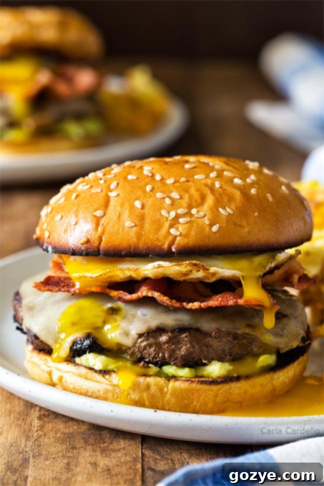 Sunrise Burger 5 Fried Egg Burger with broken yolk, ready to eat