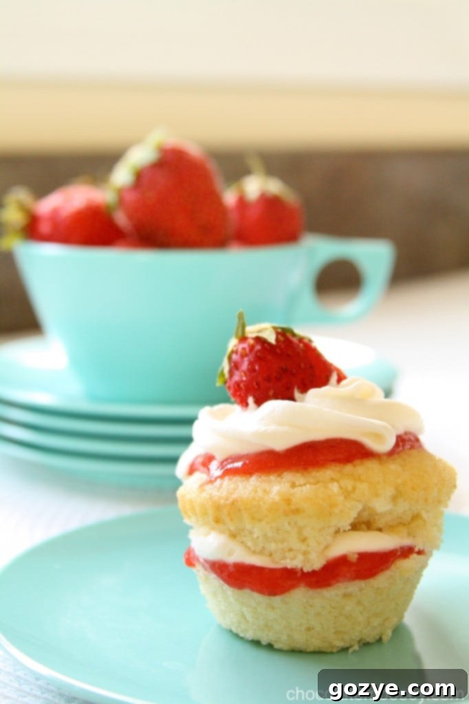 Fluffy Strawberry Shortcake Cupcakes topped with fresh whipped cream and strawberry slices.