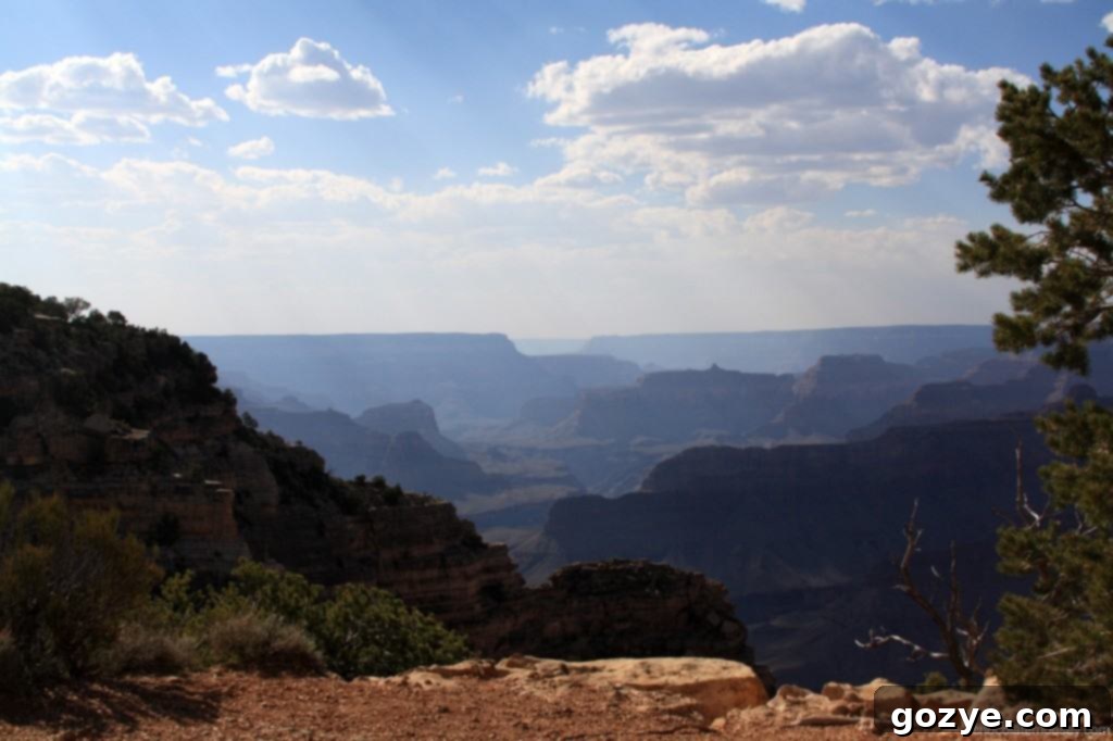 A distant view of the Grand Canyon with the distinctive outlines of the Colorado River visible.