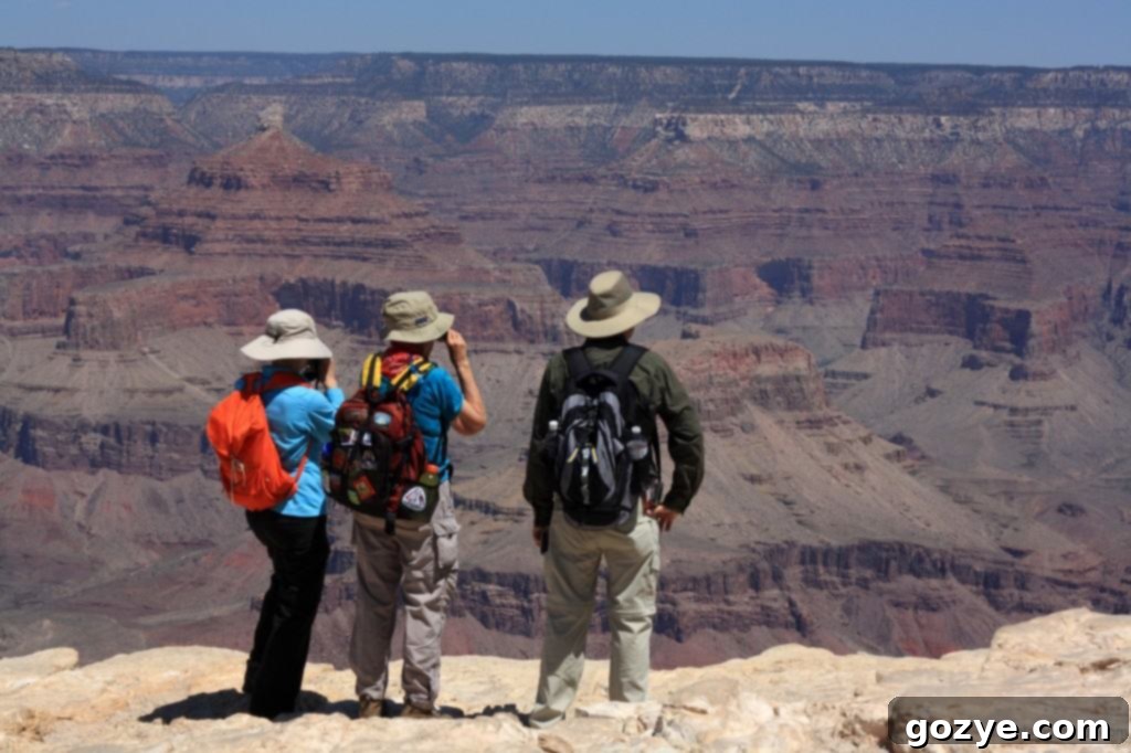 Tourists admiring the Grand Canyon from a viewpoint, adding perspective to its size.
