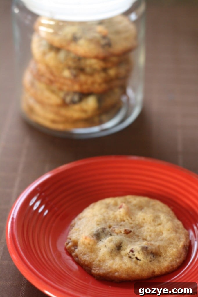 Artfully arranged Bacon and Dried Cherry Chocolate Chip Cookies on a white plate