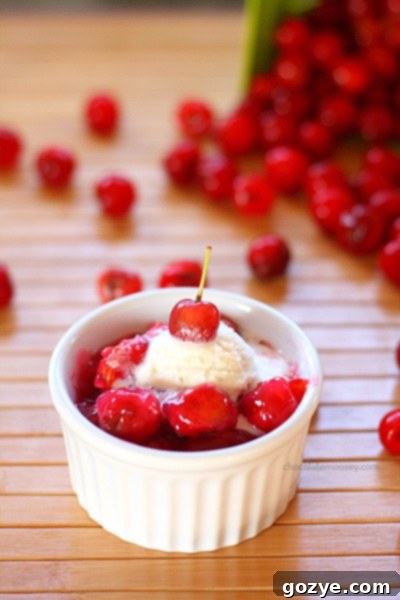 Delicious one serving cherry pie filling in a ramekin, topped with vanilla ice cream for a perfect solo dessert