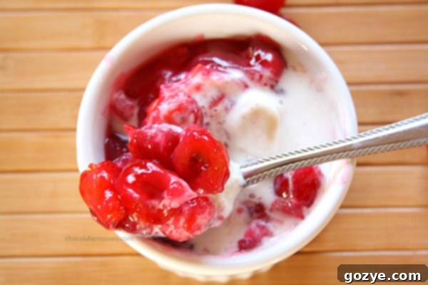 A delicious single serving cherry pie filling served with a generous scoop of vanilla ice cream in a white ramekin