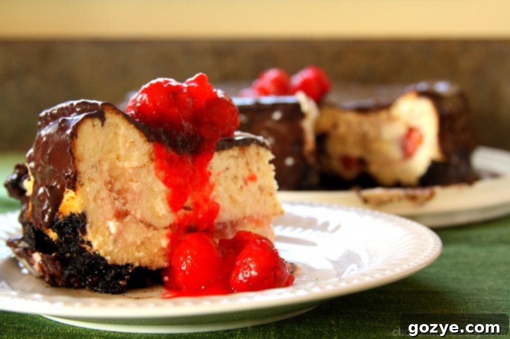 Decadent Chocolate Cherry Cheesecake with ganache and fresh cherries