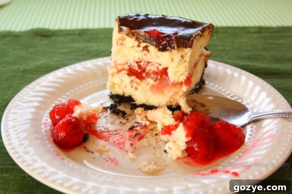 Final plated Chocolate Cherry Cheesecake