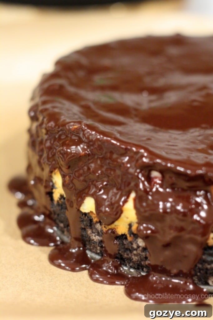 Chocolate Cherry Cheesecake being drizzled with ganache