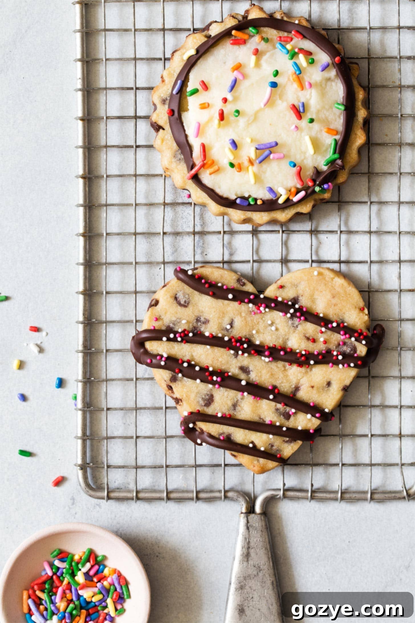 Heart and circle shaped chocolate chip cookies