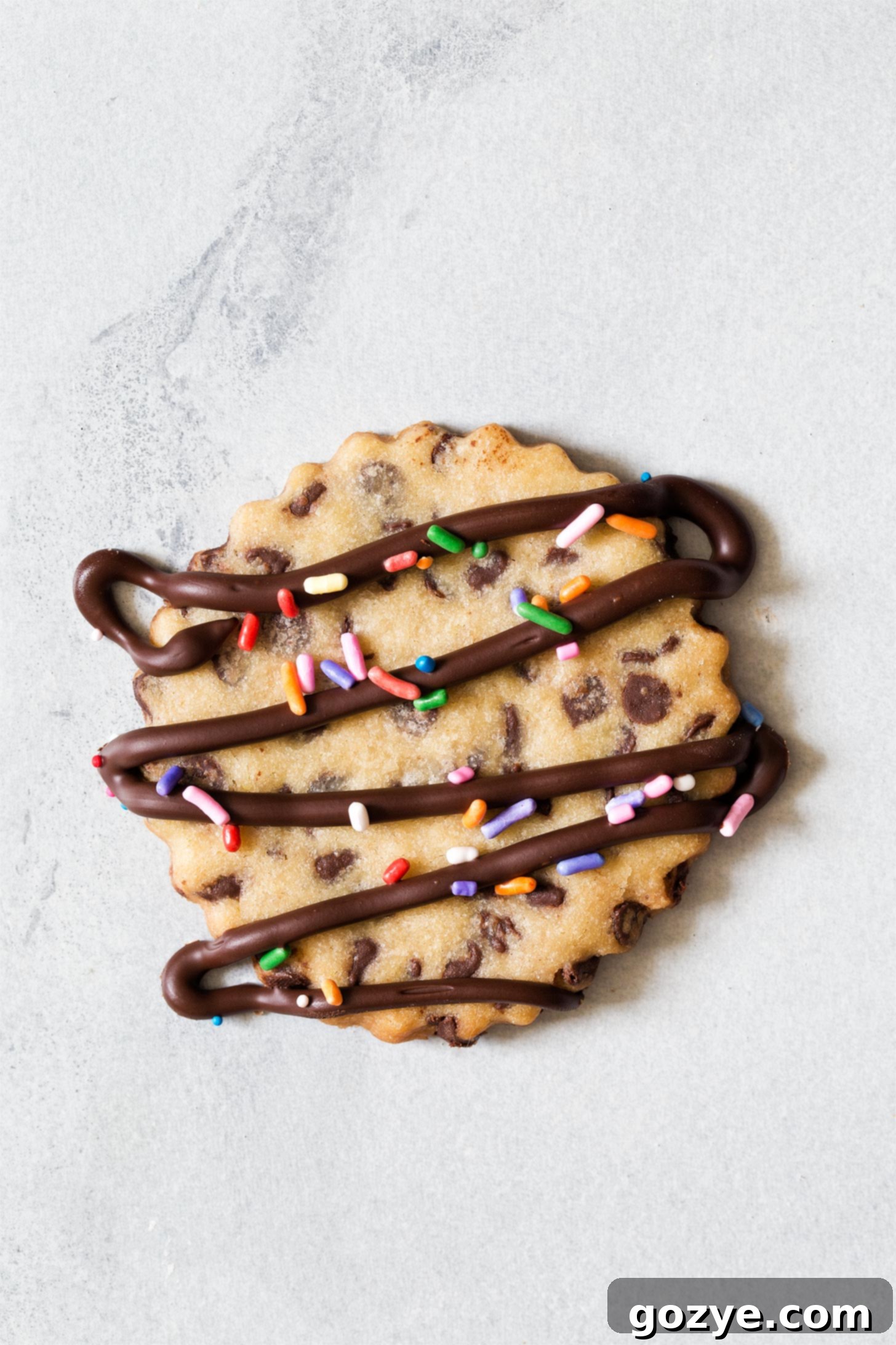Close up of cut out chocolate chip cookie with chocolate drizzle