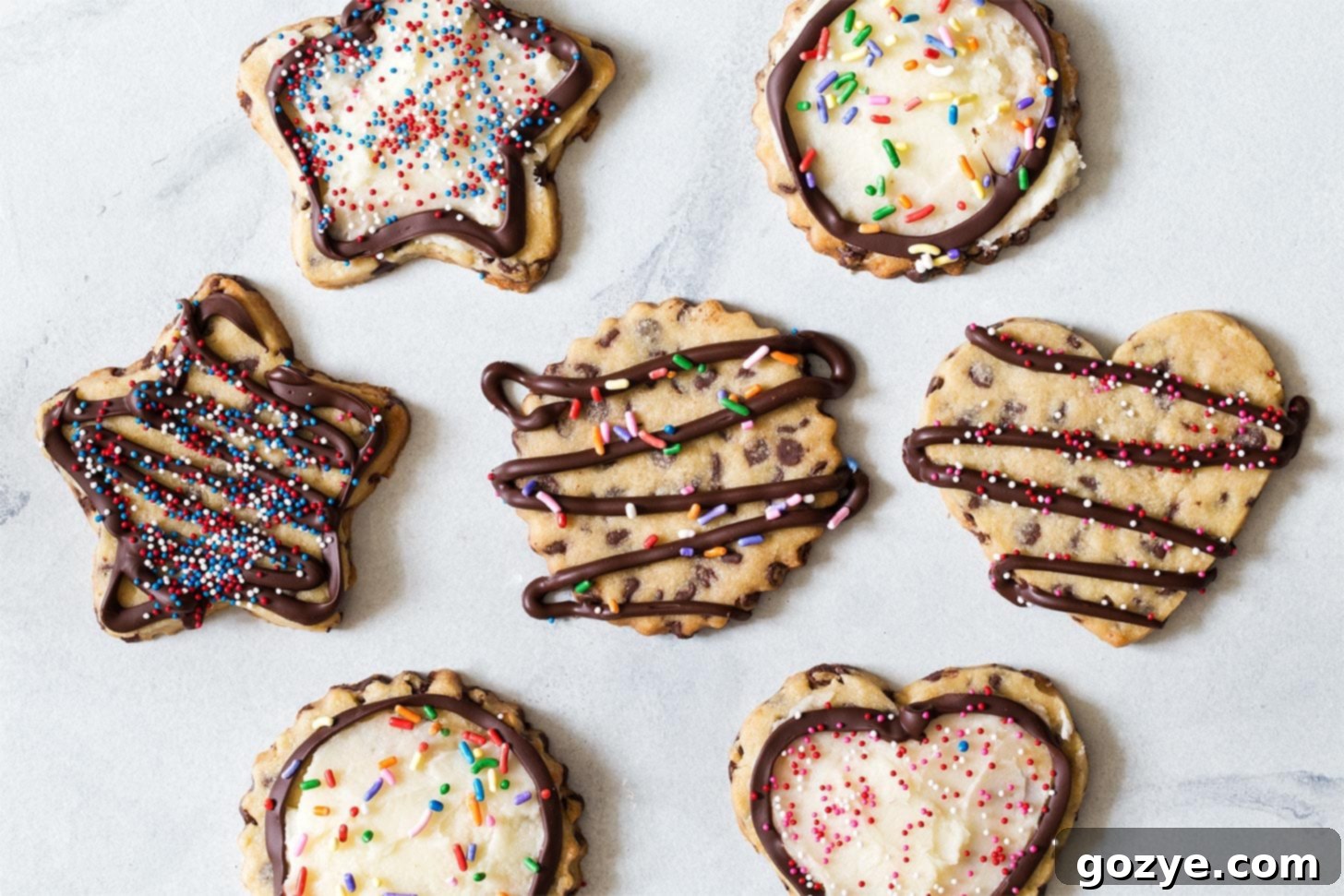 Star, heart, and circle shaped chocolate chip cookies