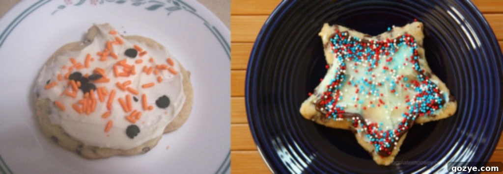 Comparison of Chocolate Chip Cut-Out Cookies photography from 2009 (left, less appealing) and 2012 (right, improved composition and lighting)