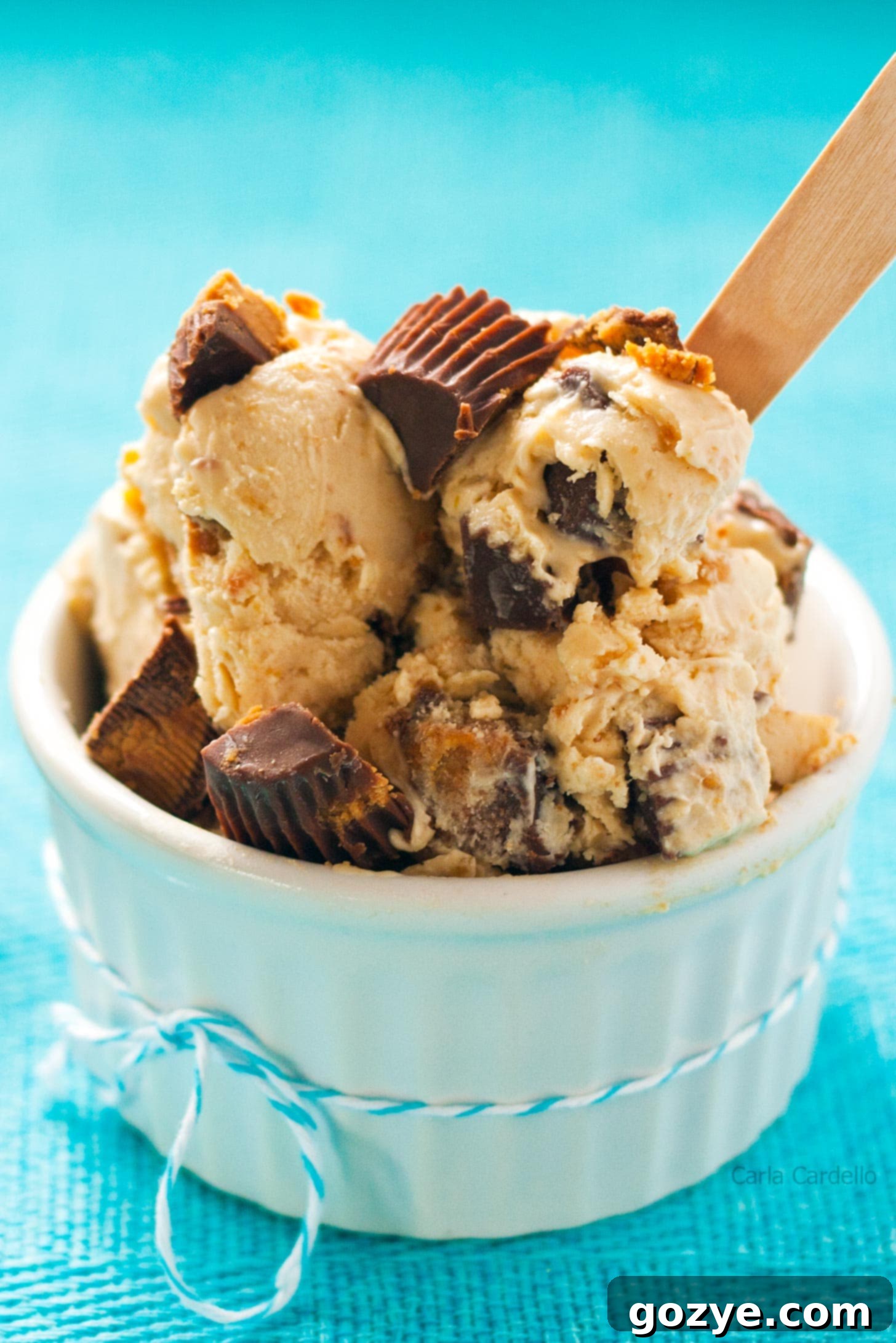 Peanut butter ice cream in a white ramekin