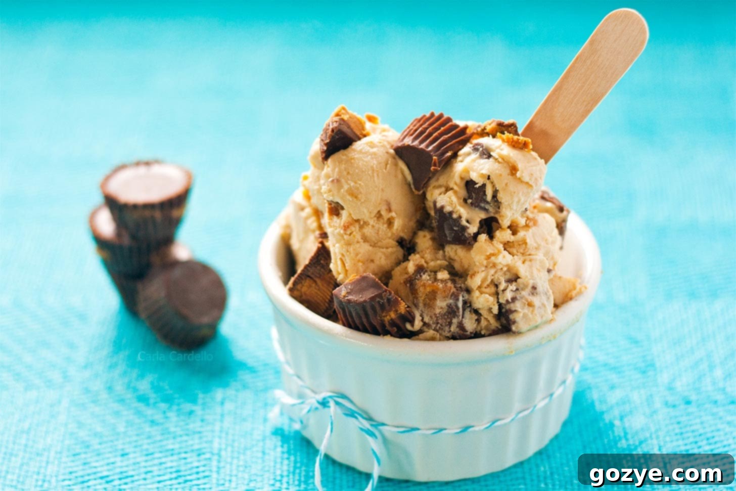 Homemade peanut butter ice cream in white ramekin