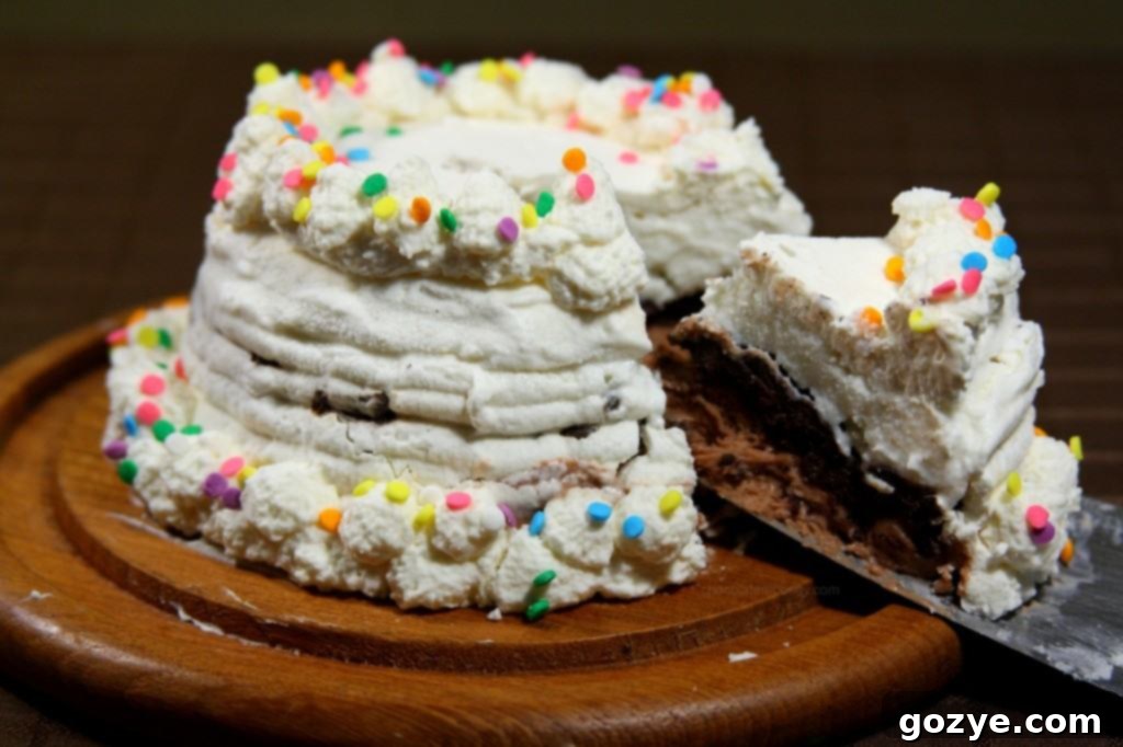 Layers of chocolate and vanilla ice cream in a clear springform pan, with a spoon for spreading