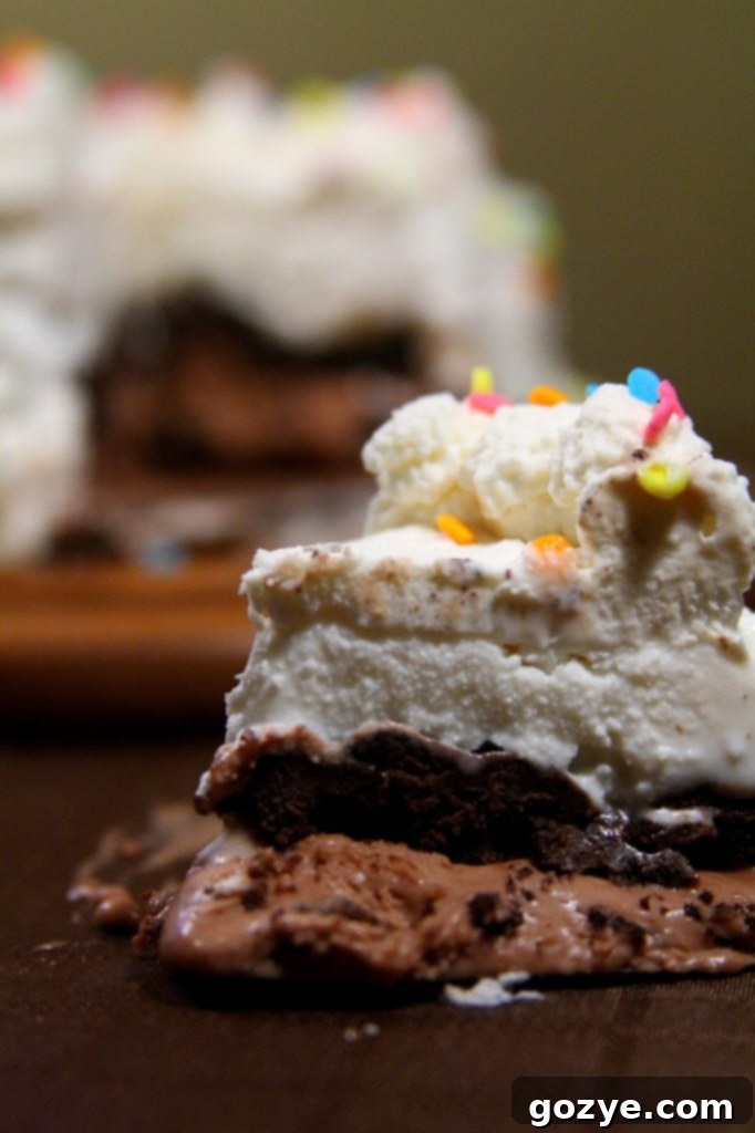 Overhead view of a beautiful homemade Copycat Dairy Queen Ice Cream Cake with a slice already removed, ready for serving