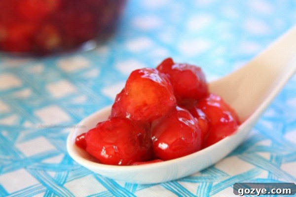 A colorful image of a One Serving Cherry Pie Ice Cream Sundae, layered with cherry filling, ice cream, and whipped cream.
