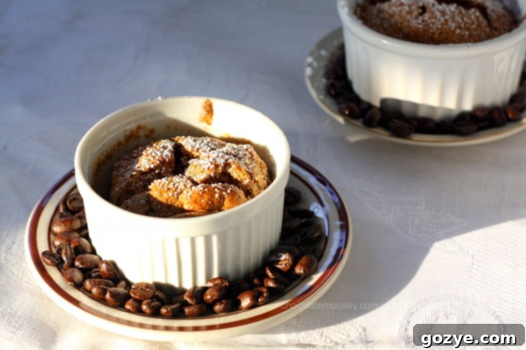 Close-up of Espresso Soufflé with powdered sugar