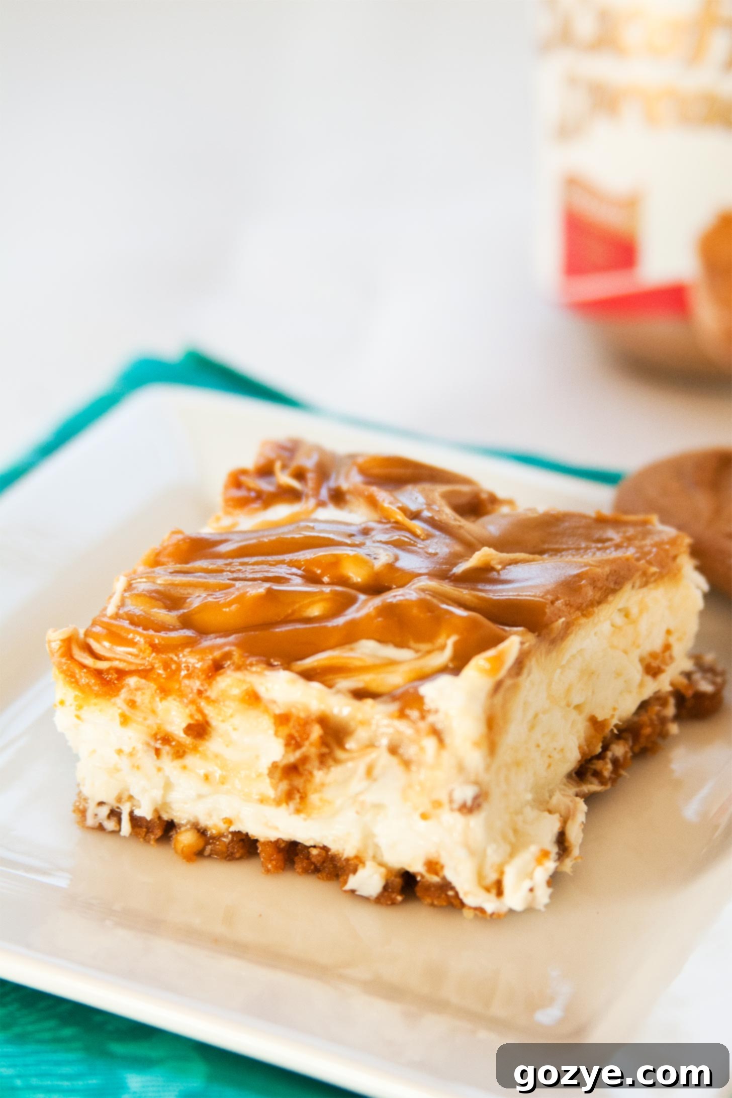 No Bake Biscoff Cheesecake square on white plate, showcasing creamy texture and cookie crust