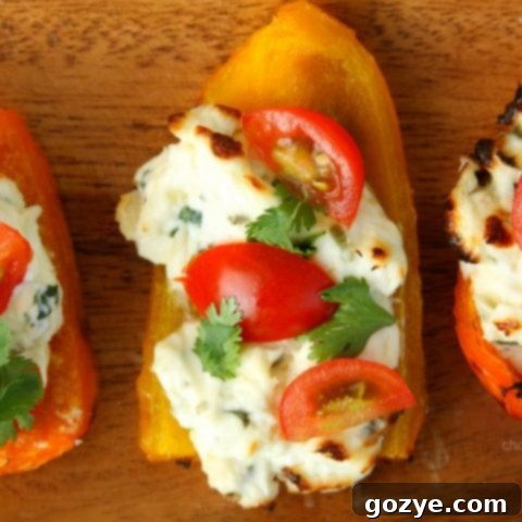 Creamy Herb Stuffed Grilled Peppers 2 Herbed Cream Cheese Grilled Bell Pepper Boats finished and plated