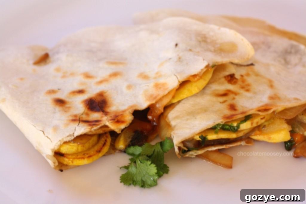 Close-up of the flavorful filling inside Summer Squash and Mushroom Quesadillas