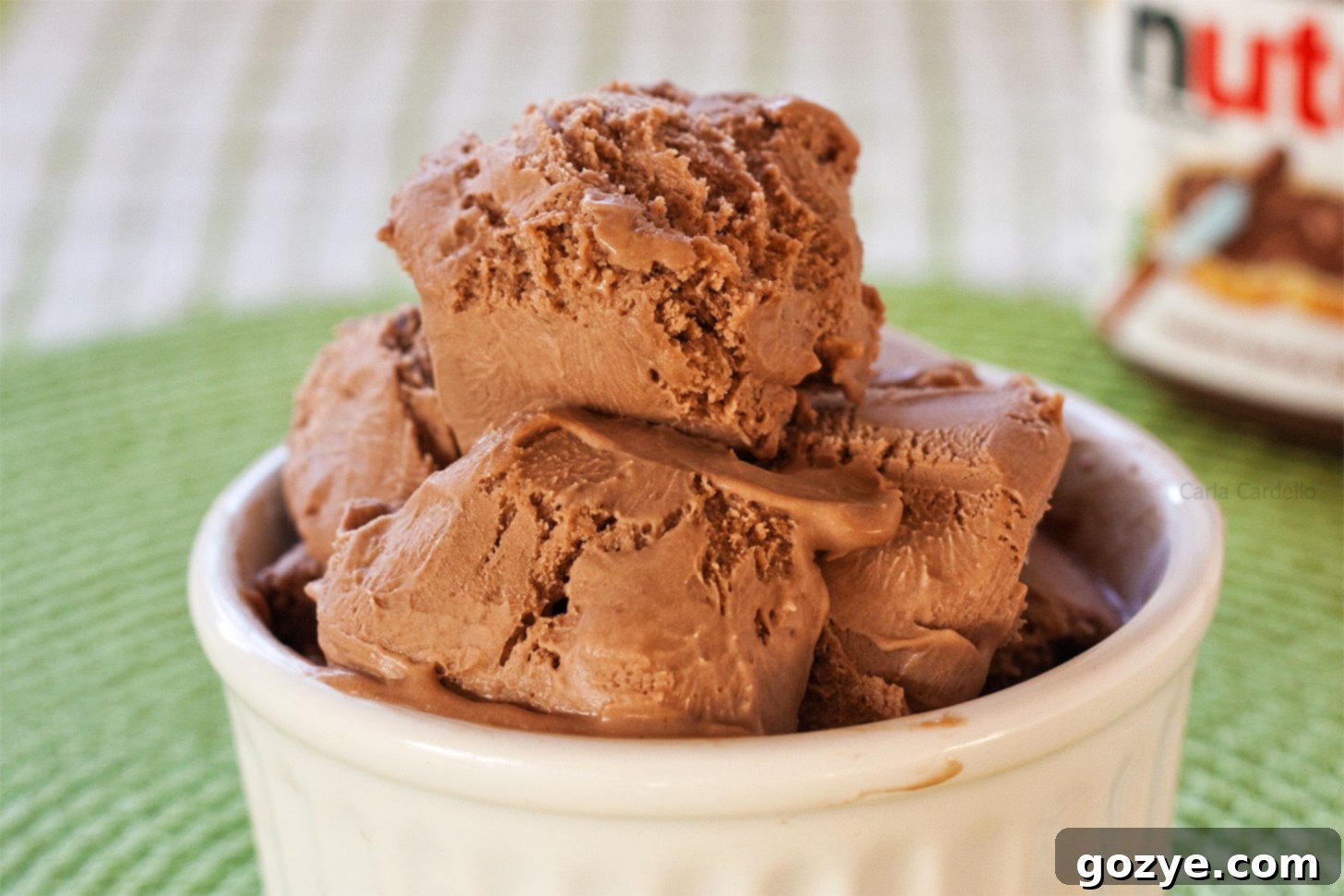 Close up of Nutella ice cream in a white bowl