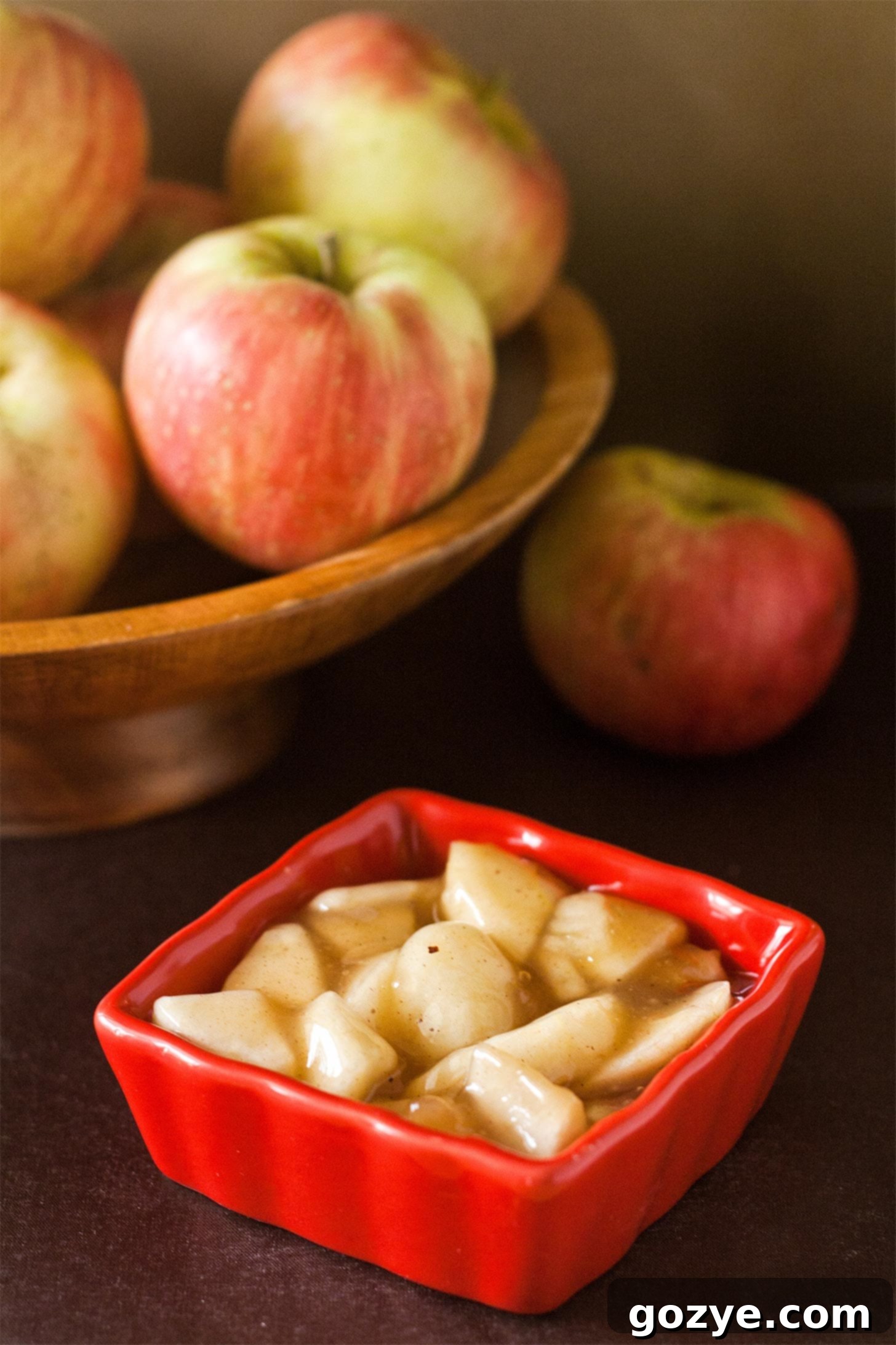 Homemade apple pie filling recipe in a red bowl