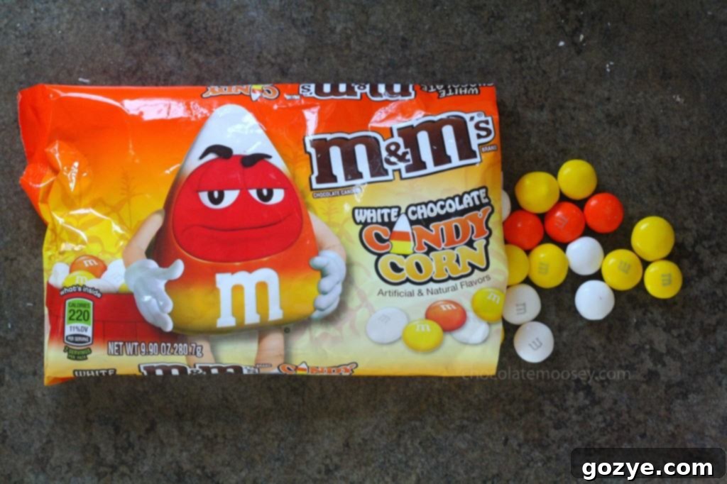 Close-up of freshly baked White Chocolate Candy Corn M&M Cookies.