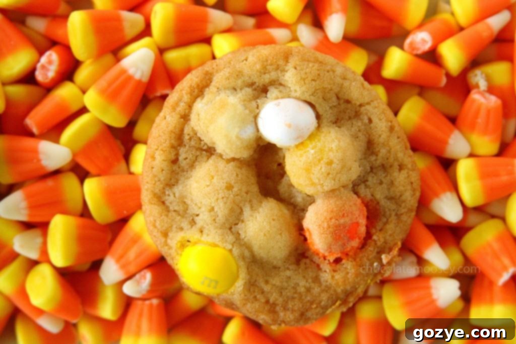 Stack of White Chocolate Candy Corn M&M Cookies ready to be enjoyed.