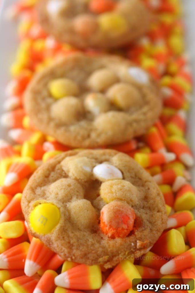 A hand holding a delicious White Chocolate Candy Corn M&M Cookie.