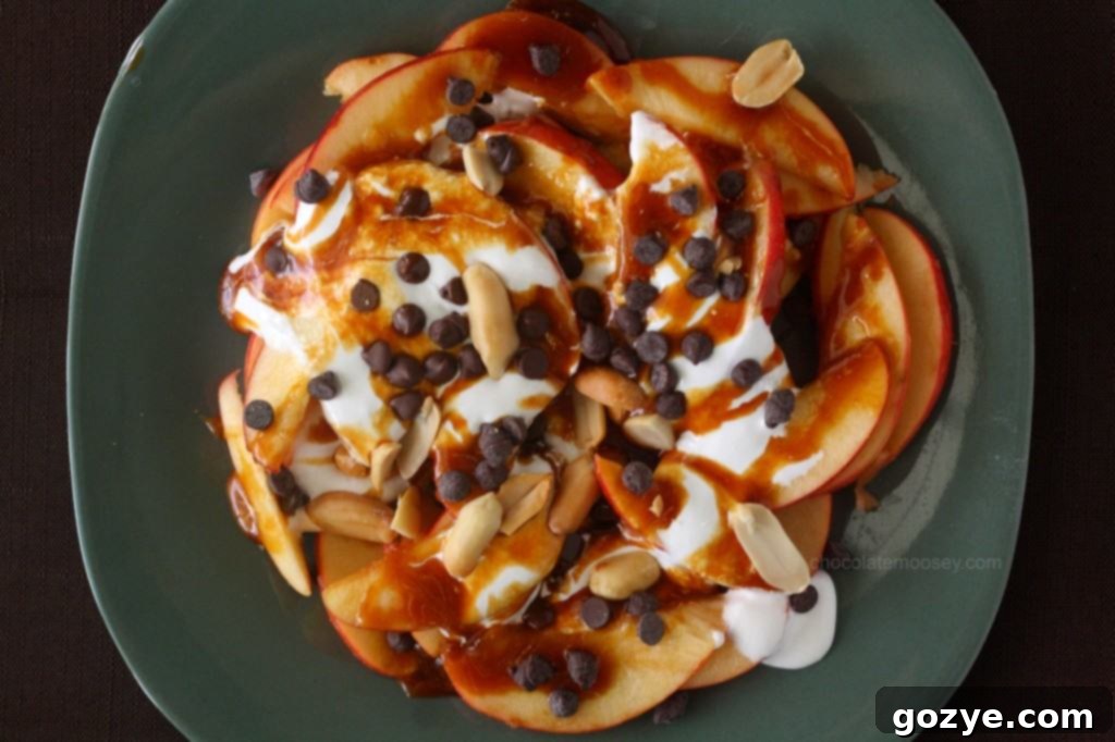 Apple Nachos: A fun and creative dessert idea Close-up of Apple Nachos with various toppings
