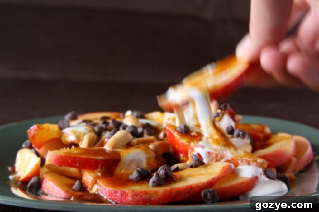 Perfect for parties or a cozy night in: Apple Nachos Another angle of the prepared Apple Nachos