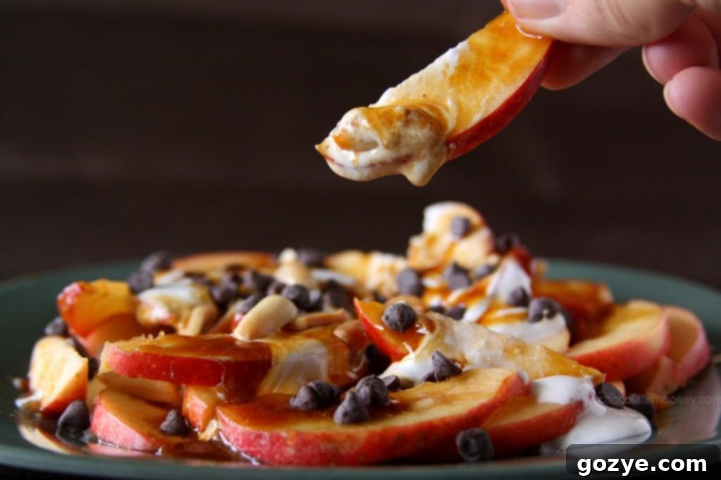 Irresistible Apple Nachos with sweet and salty toppings Close-up of the delicious Apple Nachos