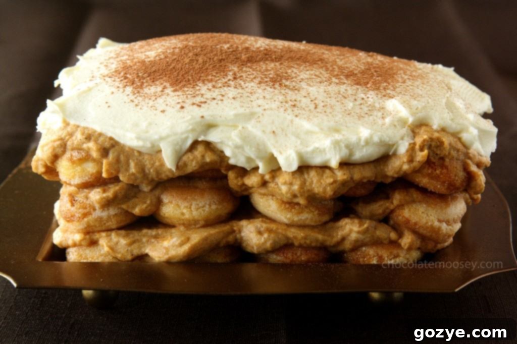Side view of Pumpkin Tiramisu layers, highlighting the thick, creamy pumpkin filling.